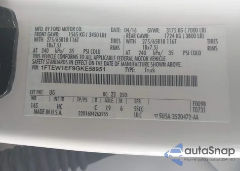 2016 Ford F-150 Lariat from USA, damaged, VIN 1FTEW1EF9GKE58951